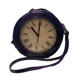 Vintage 1980s Clock Purse Purple Round Crossbody Bag Kitsch RETRO Novelty WORKS